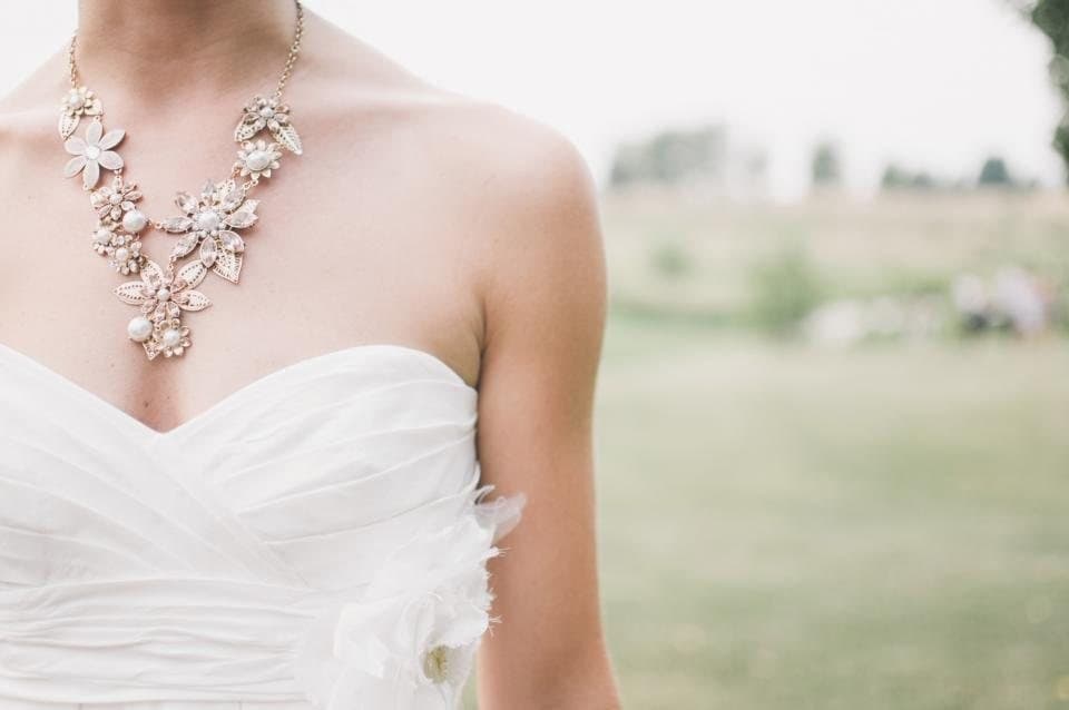 Bridal necklace and gown detail